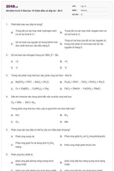 Đề kiểm tra kì 2 Hóa học 10 Cánh diều có đáp án - Đề 2