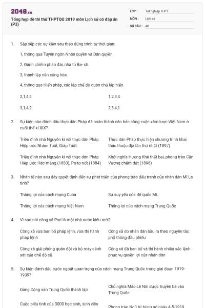 Tổng hợp đề thi thử THPTQG 2019 môn Lịch sử có đáp án (P3)