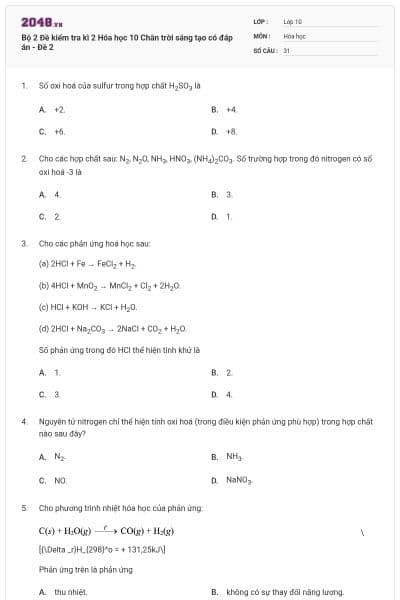 Bộ 2 Đề kiểm tra kì 2 Hóa học 10 Chân trời sáng tạo có đáp án - Đề 2