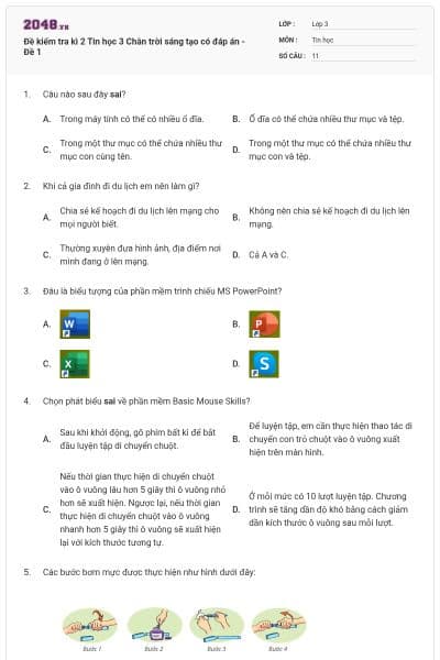 Đề kiểm tra kì 2 Tin học 3 Chân trời sáng tạo có đáp án - Đề 1