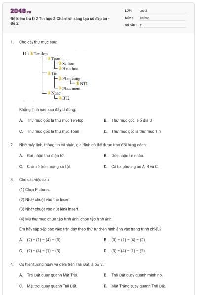 Đề kiểm tra kì 2 Tin học 3 Chân trời sáng tạo có đáp án - Đề 2