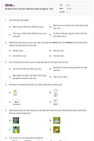 Đề kiểm tra kì 2 Tin học 3 Kết nối tri thức có đáp án - Đề 1