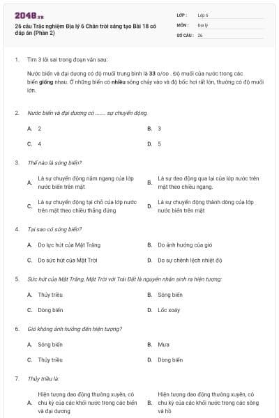 26 câu Trắc nghiệm Địa lý 6 Chân trời sáng tạo Bài 18 có đáp án (Phần 2)