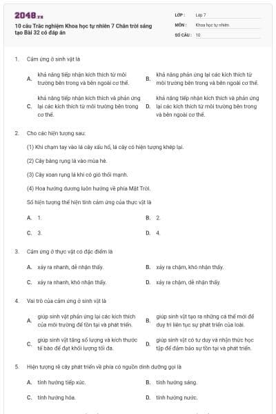 10 câu Trắc nghiệm Khoa học tự nhiên 7 Chân trời sáng tạo Bài 32 có đáp án