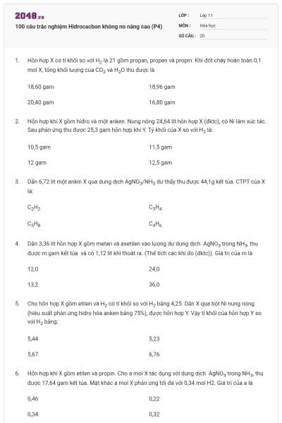 100 câu trắc nghiệm Hidrocacbon không no nâng cao (P4)