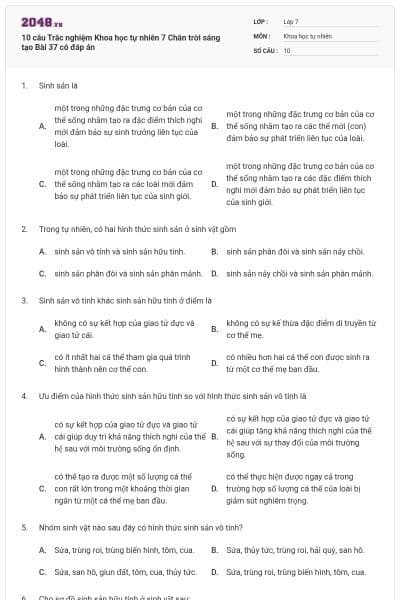 10 câu Trắc nghiệm Khoa học tự nhiên 7 Chân trời sáng tạo Bài 37 có đáp án