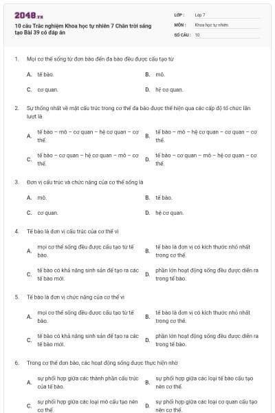 10 câu Trắc nghiệm Khoa học tự nhiên 7 Chân trời sáng tạo Bài 39 có đáp án