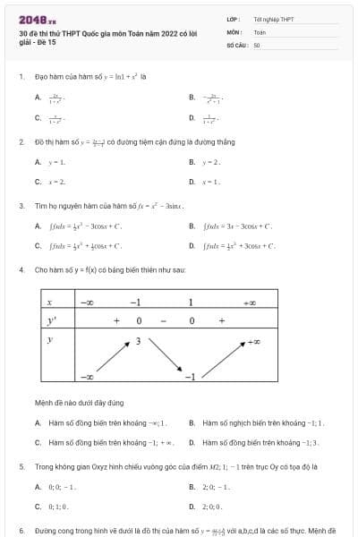 30 đề thi thử THPT Quốc gia môn Toán năm 2022 có lời giải - Đề 15