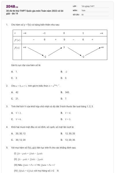 30 đề thi thử THPT Quốc gia môn Toán năm 2022 có lời giải - Đề 19