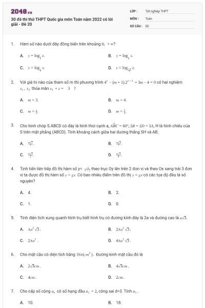 30 đề thi thử THPT Quốc gia môn Toán năm 2022 có lời giải - Đề 20