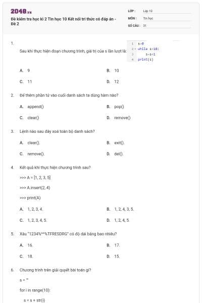 Đề kiểm tra học kì 2 Tin học 10 Kết nối tri thức có đáp án - Đề 2