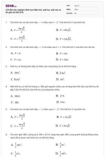233 Bài trắc nghiệm Hình học Mặt nón, mặt trụ, mặt cầu có lời giải chi tiết (P3)