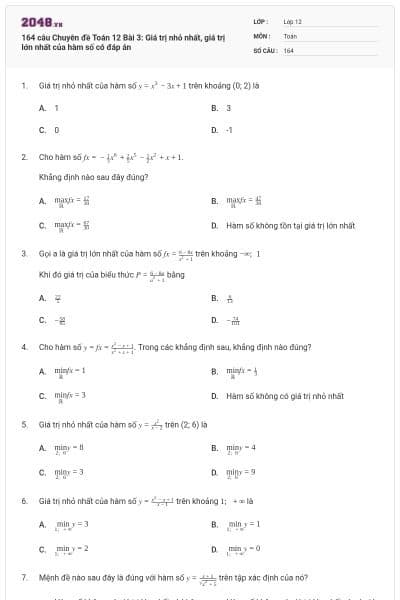 164 câu Chuyên đề Toán 12 Bài 3: Giá trị nhỏ nhất, giá trị lớn nhất của hàm số có đáp án