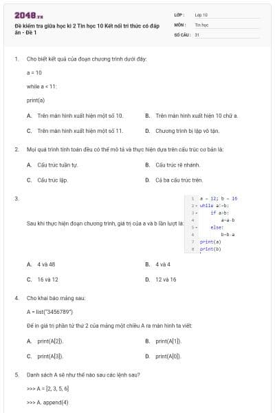 Đề kiểm tra giữa học kì 2 Tin học 10 Kết nối tri thức có đáp án - Đề 1
