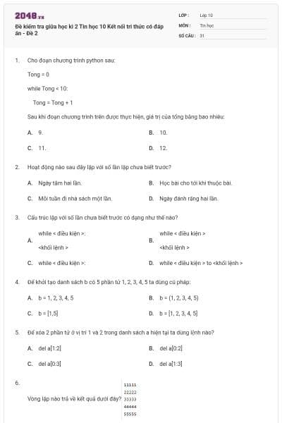Đề kiểm tra giữa học kì 2 Tin học 10 Kết nối tri thức có đáp án - Đề 2