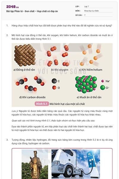 Bài tập Phân tử - Đơn chất – Hợp chất có đáp án