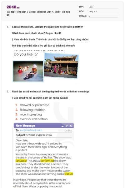 Bài tập Tiếng anh 7 Global Success Unit 4. Skill 1 có đáp án