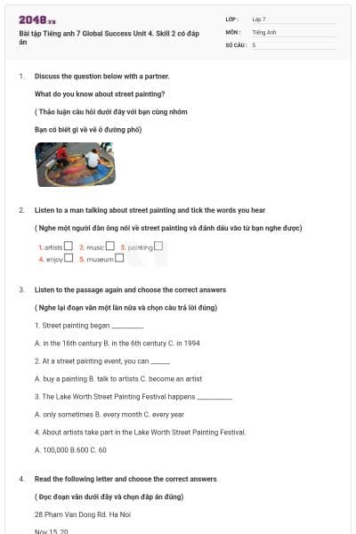 Bài tập Tiếng anh 7 Global Success Unit 4. Skill 2 có đáp án