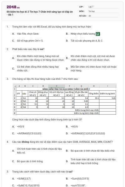 Đề kiểm tra học kì 2 Tin học 7 Chân trời sáng tạo có đáp án - Đề 1
