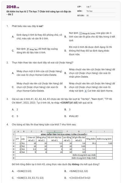 Đề kiểm tra học kì 2 Tin học 7 Chân trời sáng tạo có đáp án - Đề 2