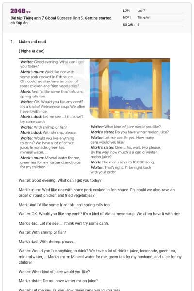 Bài tập Tiếng anh 7 Global Success Unit 5. Getting started có đáp án