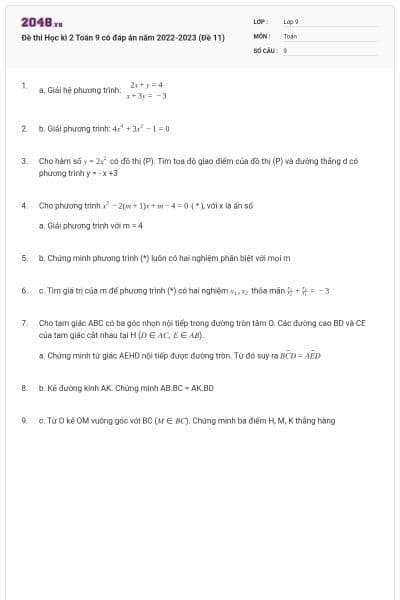 Đề thi Học kì 2 Toán 9 có đáp án năm 2022-2023 (Đề 11)