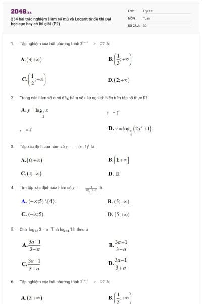 234 bài trắc nghiệm Hàm số mũ và Logarit từ đề thi Đại học cực hay có lời giải (P2)