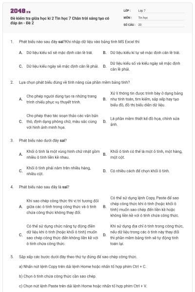 Đề kiểm tra giữa học kì 2 Tin học 7 Chân trời sáng tạo có đáp án - Đề 2