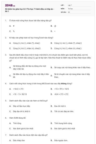 Đề kiểm tra giữa học kì 2 Tin học 7 Cánh diều có đáp án - Đề 1