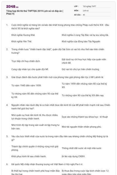 Tổng hợp Đề thi thử THPTQG 2019 Lịch sử có đáp án ( Phần 9)