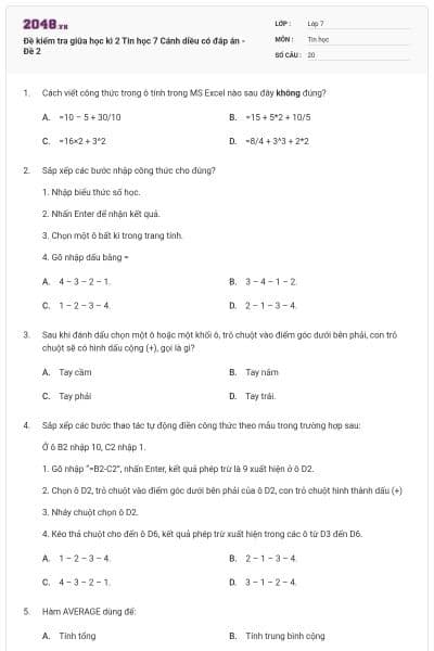 Đề kiểm tra giữa học kì 2 Tin học 7 Cánh diều có đáp án - Đề 2