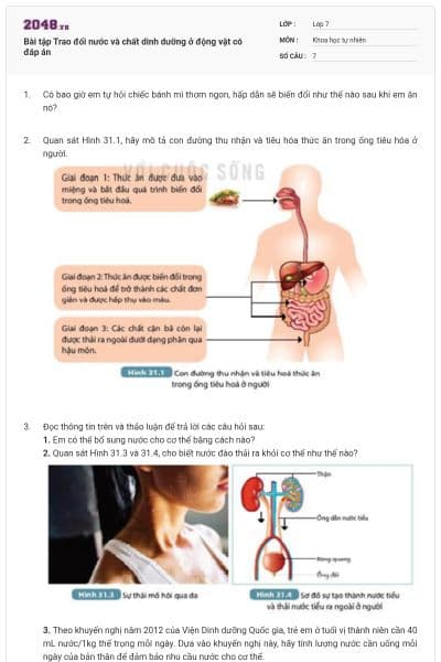 Bài tập Trao đổi nước và chất dinh dưỡng ở động vật có đáp án