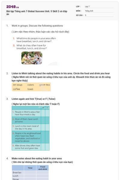 Bài tập Tiếng anh 7 Global Success Unit. 5 Skill 2 có đáp án