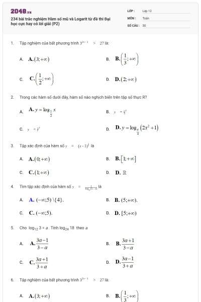 234 bài trắc nghiệm Hàm số mũ và Logarit từ đề thi Đại học cực hay có lời giải (P2)