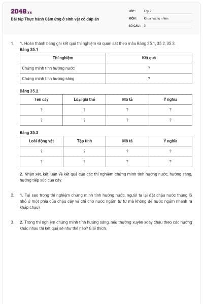 Bài tập Thực hành Cảm ứng ở sinh vật có đáp án