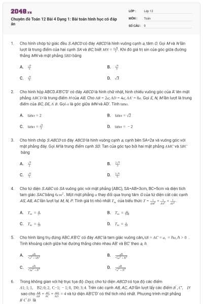 Chuyên đề Toán 12 Bài 4 Dạng 1: Bài toán hình học có đáp án