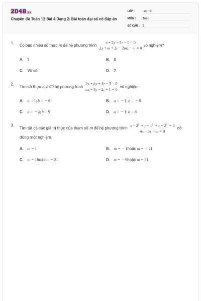 Chuyên đề Toán 12 Bài 4 Dạng 2: Bài toán đại số có đáp án