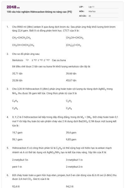 100 câu trắc nghiệm Hidrocacbon không no nâng cao (P5)