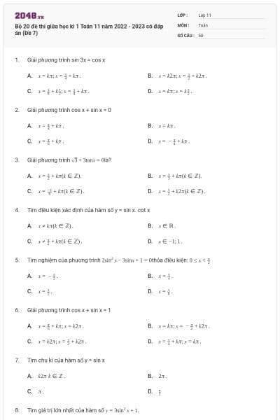 Bộ 20 đề thi giữa học kì 1 Toán 11 năm 2022 - 2023 có đáp án (Đề 7)