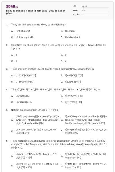 Bộ 20 đề thi học kì 1 Toán 11 năm 2022 - 2023 có đáp án (Đề 8)