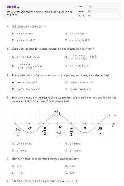 Bộ 20 đề thi giữa học kì 1 Toán 11 năm 2022 - 2023 có đáp án (Đề 8)