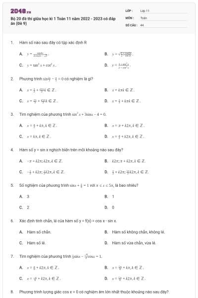 Bộ 20 đề thi giữa học kì 1 Toán 11 năm 2022 - 2023 có đáp án (Đề 9)