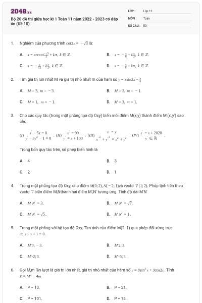 Bộ 20 đề thi giữa học kì 1 Toán 11 năm 2022 - 2023 có đáp án (Đề 10)