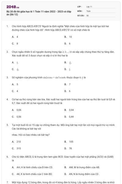 Bộ 20 đề thi giữa học kì 1 Toán 11 năm 2022 - 2023 có đáp án (Đề 12)