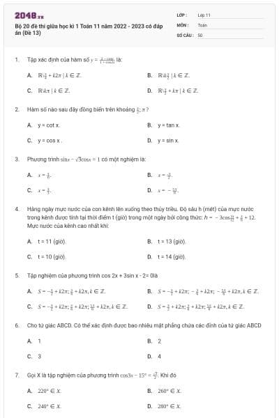 Bộ 20 đề thi giữa học kì 1 Toán 11 năm 2022 - 2023 có đáp án (Đề 13)