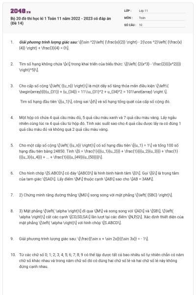 Bộ 20 đề thi học kì 1 Toán 11 năm 2022 - 2023 có đáp án (Đề 14)
