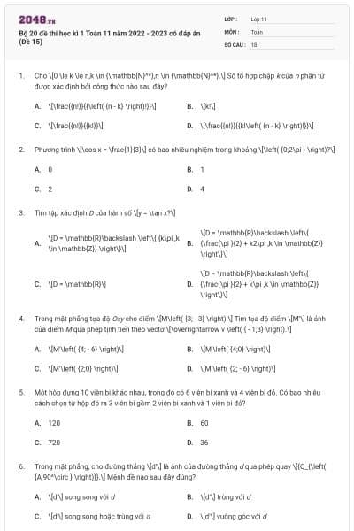 Bộ 20 đề thi học kì 1 Toán 11 năm 2022 - 2023 có đáp án (Đề 15)