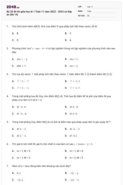 Bộ 20 đề thi giữa học kì 1 Toán 11 năm 2022 - 2023 có đáp án (Đề 14)
