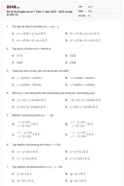 Bộ 20 đề thi giữa học kì 1 Toán 11 năm 2022 - 2023 có đáp án (Đề 15)