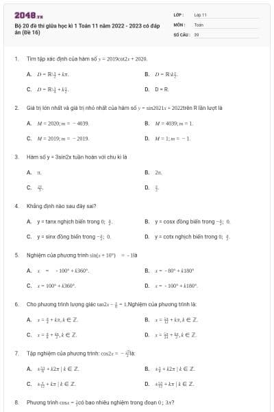 Bộ 20 đề thi giữa học kì 1 Toán 11 năm 2022 - 2023 có đáp án (Đề 16)